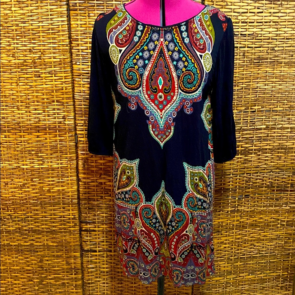 EUC Cha Cha Vente Black and Multicolor Boho Moroccan design Dress L